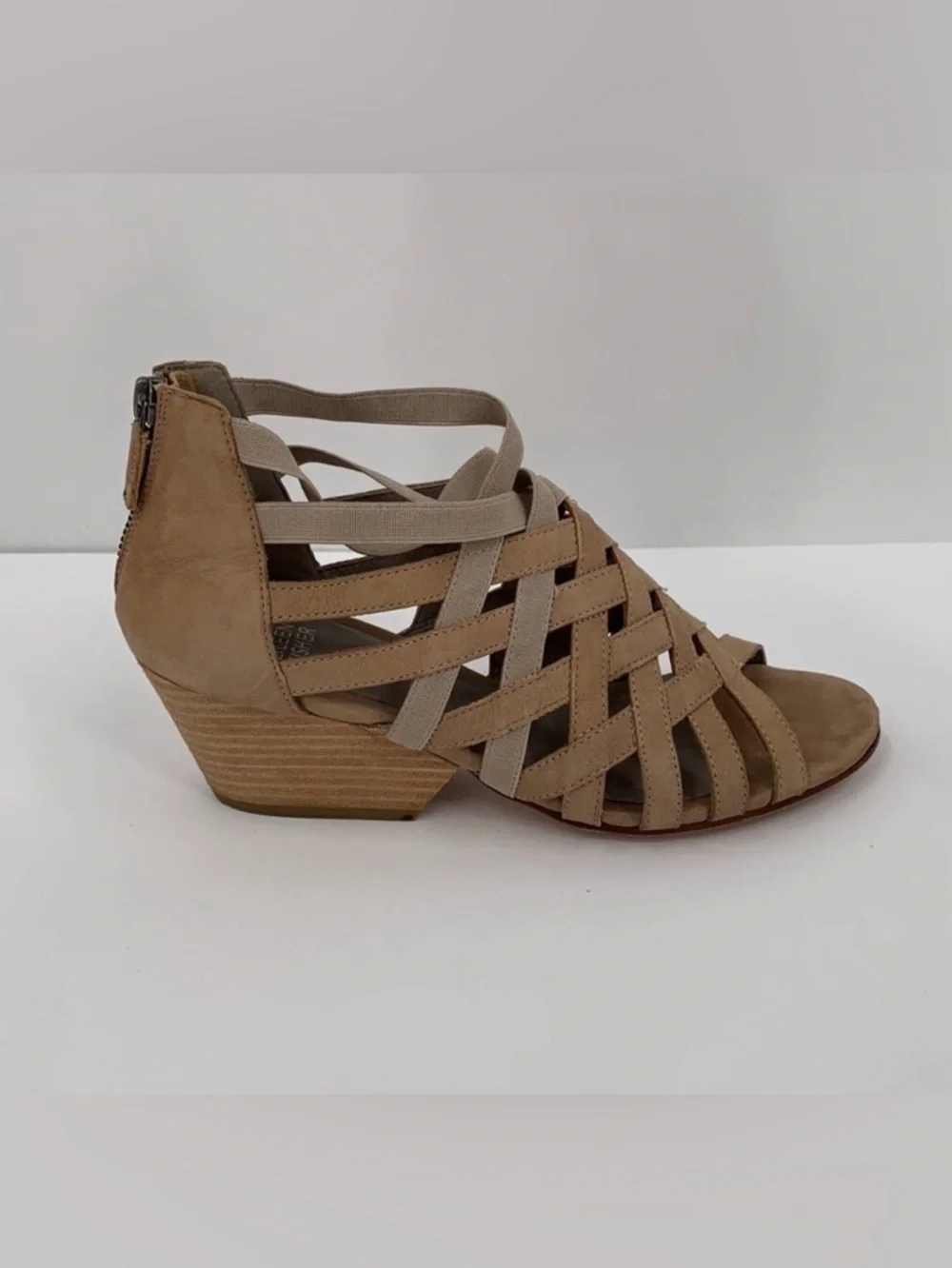 Eileen Fisher Oodle suede strappy gladiator sandal shoe tan cross cross wedge 7